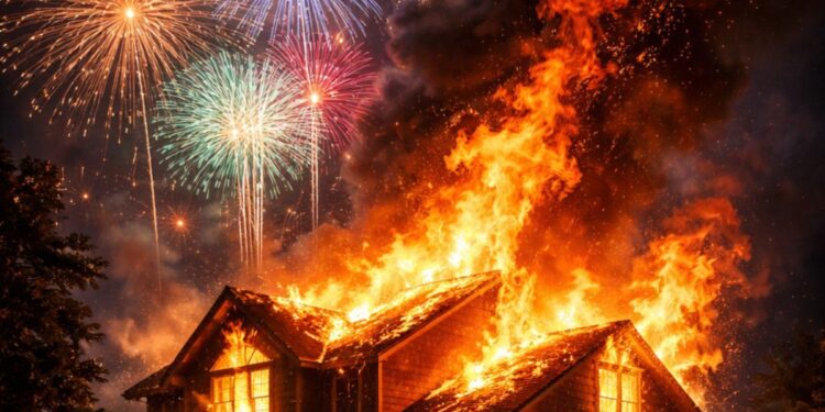 Incendio provocado por pirotecnia en zona residencial de Tamaulipas