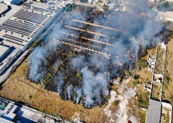 Incendio en lote baldío con humo visible en Río Bravo