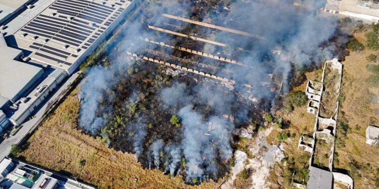 Incendio en lote baldío con humo visible en Río Bravo