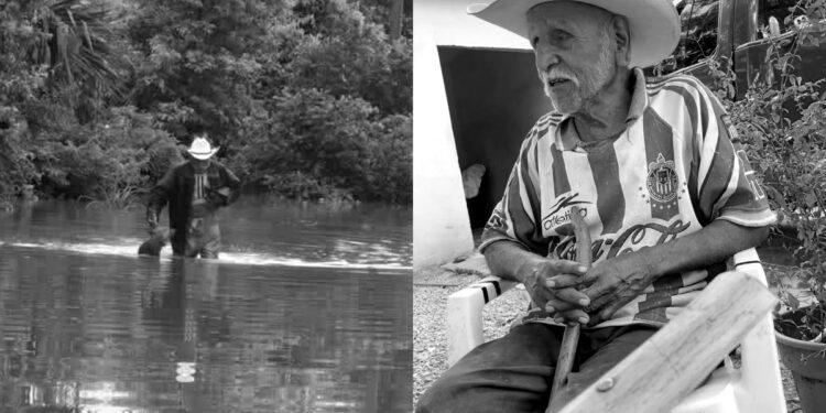 Hombre mayor con perro durante inundación en Tamaulipas