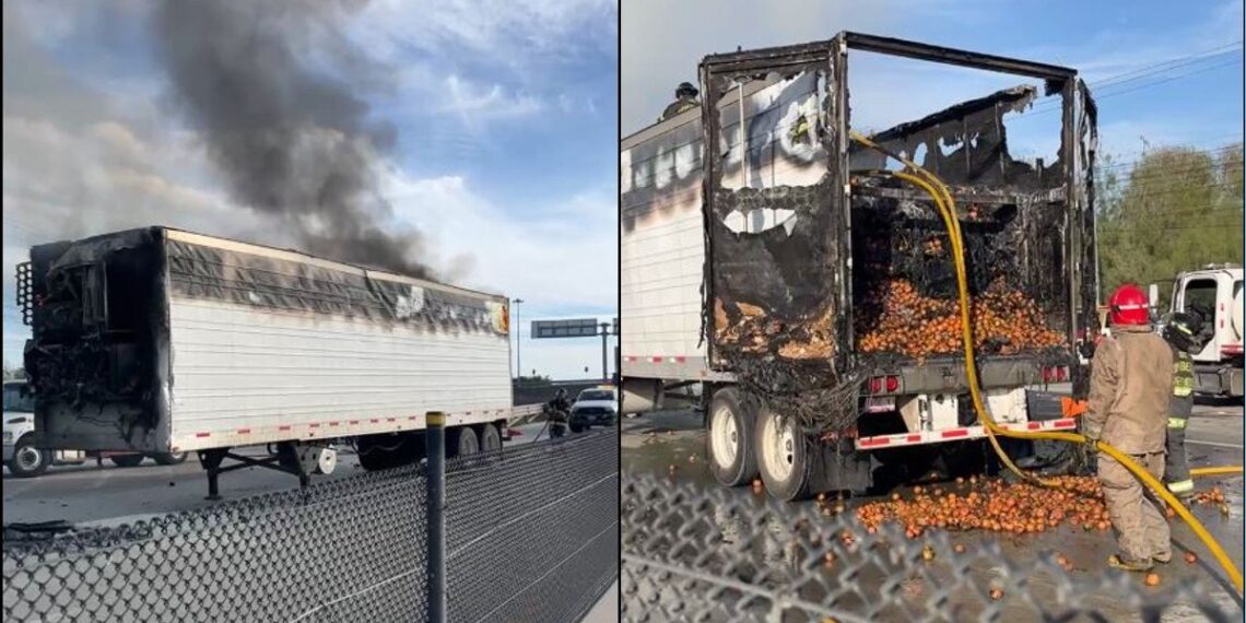 Tráiler incendiado con carga de tomate en puente internacional